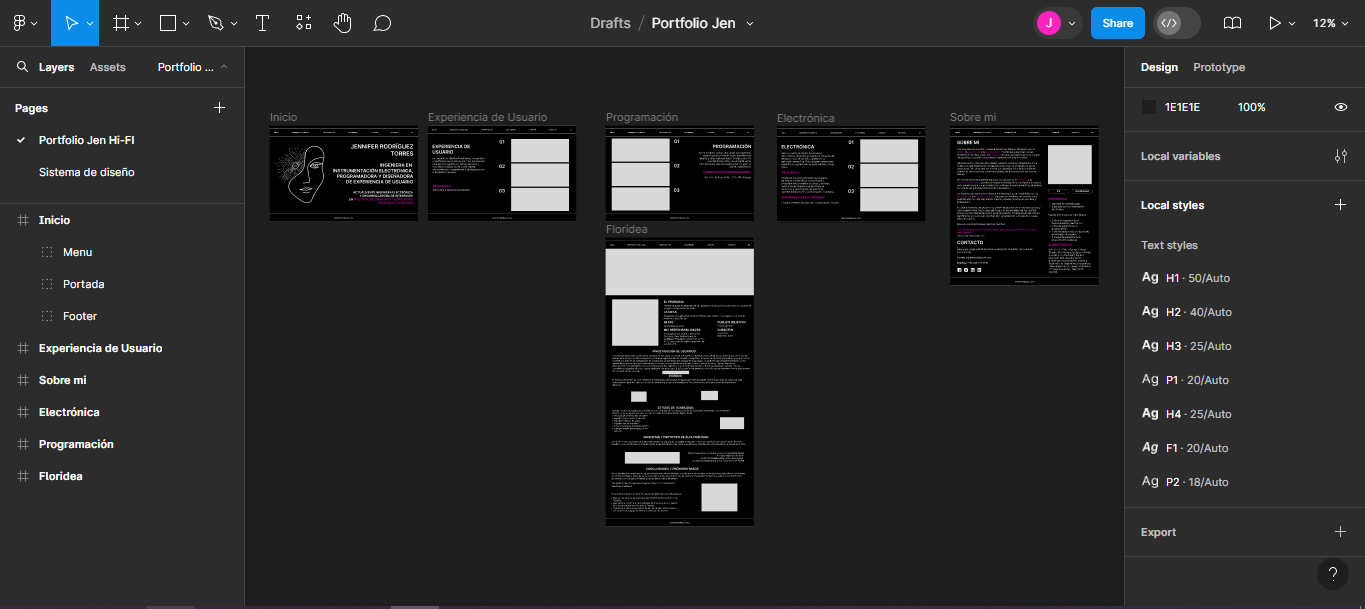 Imagen del diseño de todas las ventanas del portofolio web en Figma